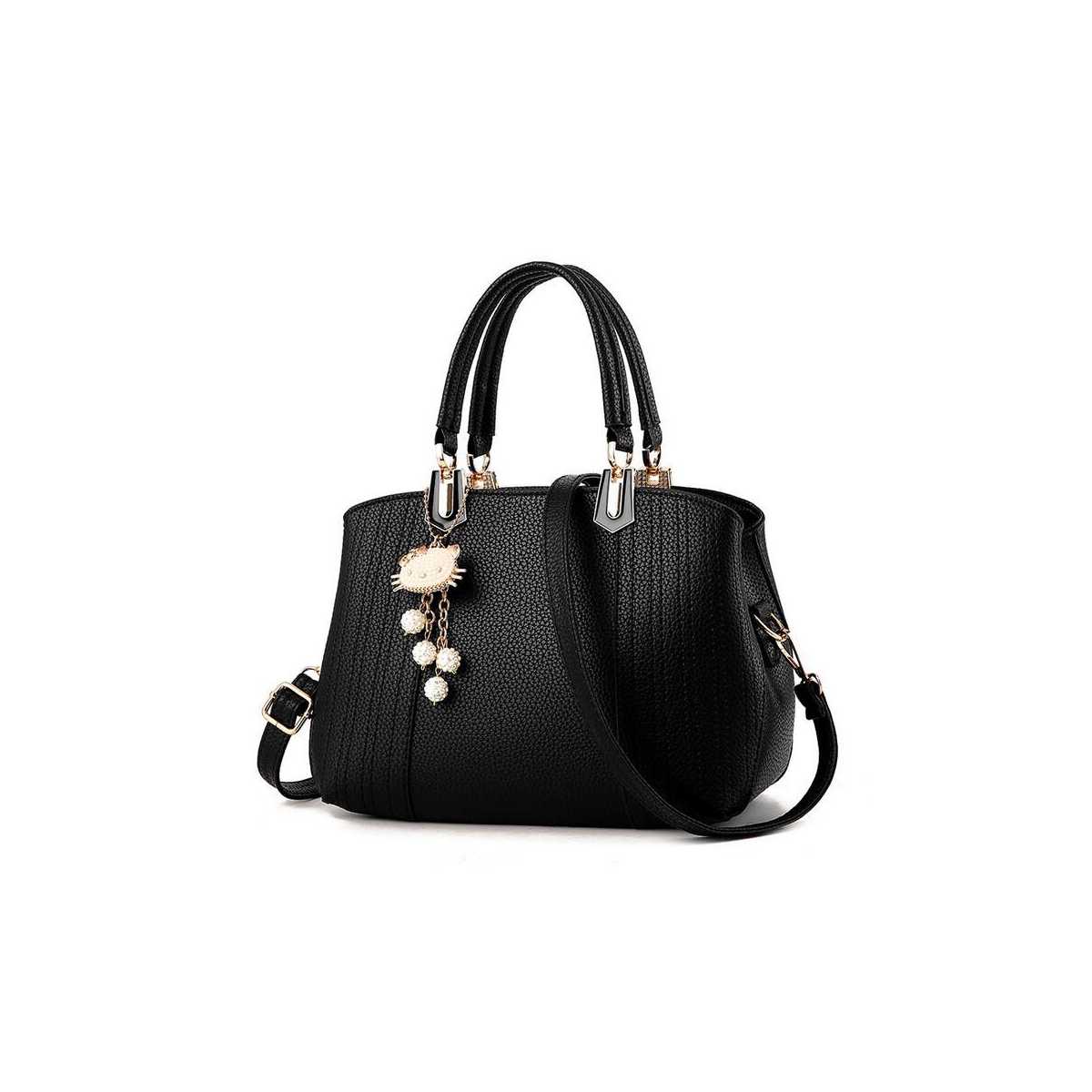 Pebble PU Leather Shoulder Bag with Pearl Encrusted Cute Cat Hanging ...