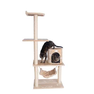 GeeWhiz 59-Inch Wood Cat Tree In Beige With Hammock and Round Condo