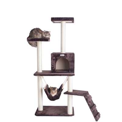 GeeWhiz 57-Inch Wood Cat Tree In Coffee Brown With Perches, Running Ramp, Condo And Hammock 
