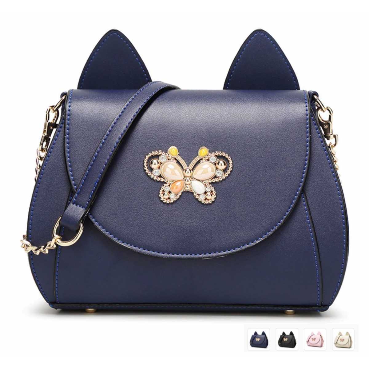Womens PU Leather Cat Ears Handbag with Jeweled Butterfly Accent ...
